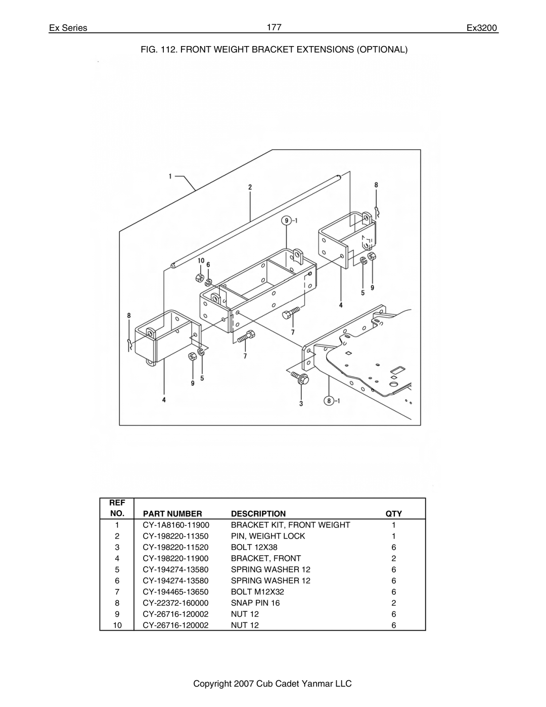 Cub Cadet Ex32002 manual Ex Series 177 Ex3200, Front Weight Bracket Extensions Optional 