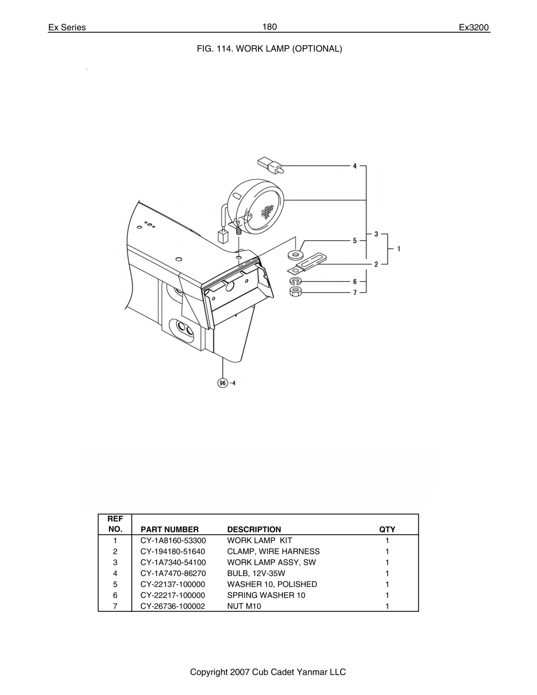 Cub Cadet Ex32002 manual Ex Series 180 Ex3200, Work Lamp Optional 