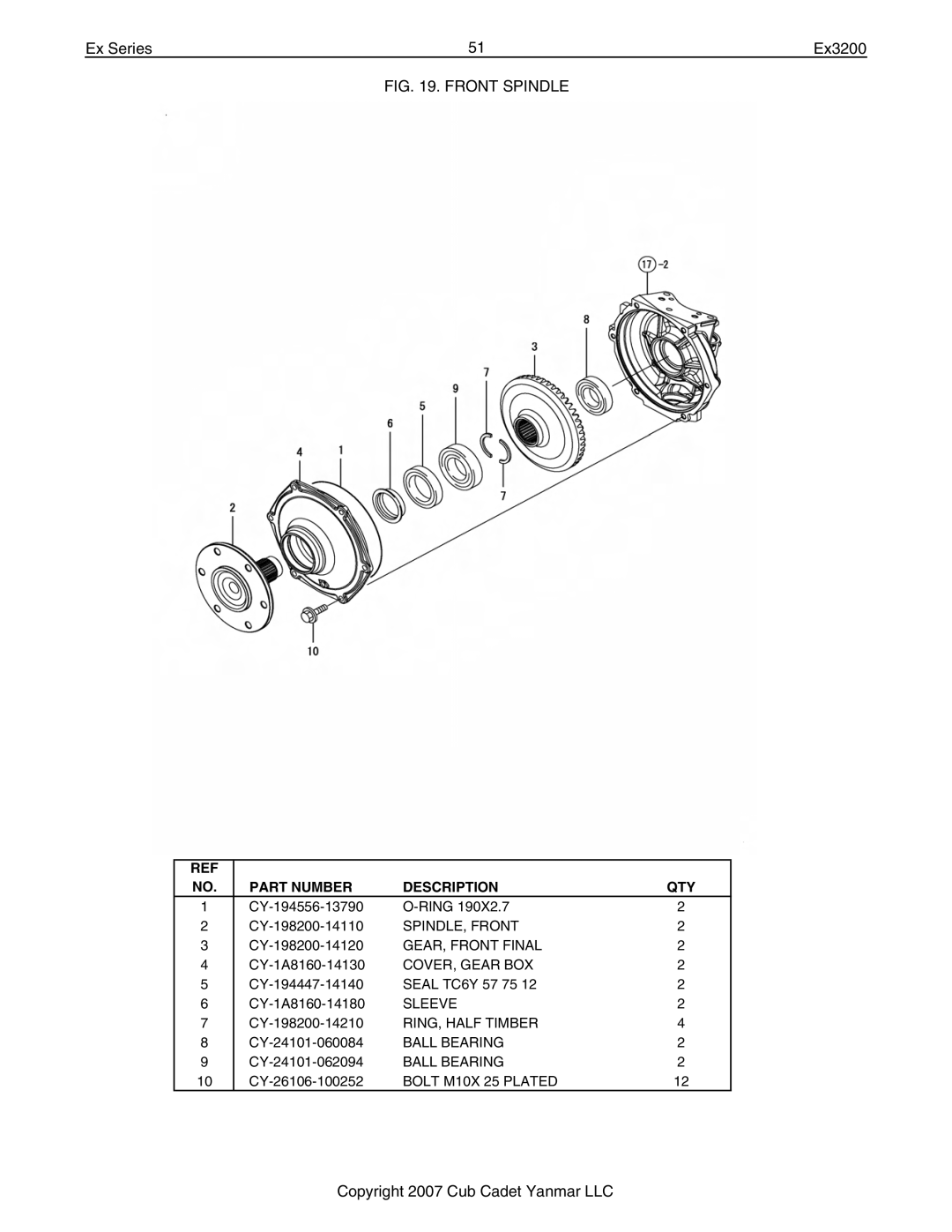 Cub Cadet Ex32002 manual SPINDLE, Front 