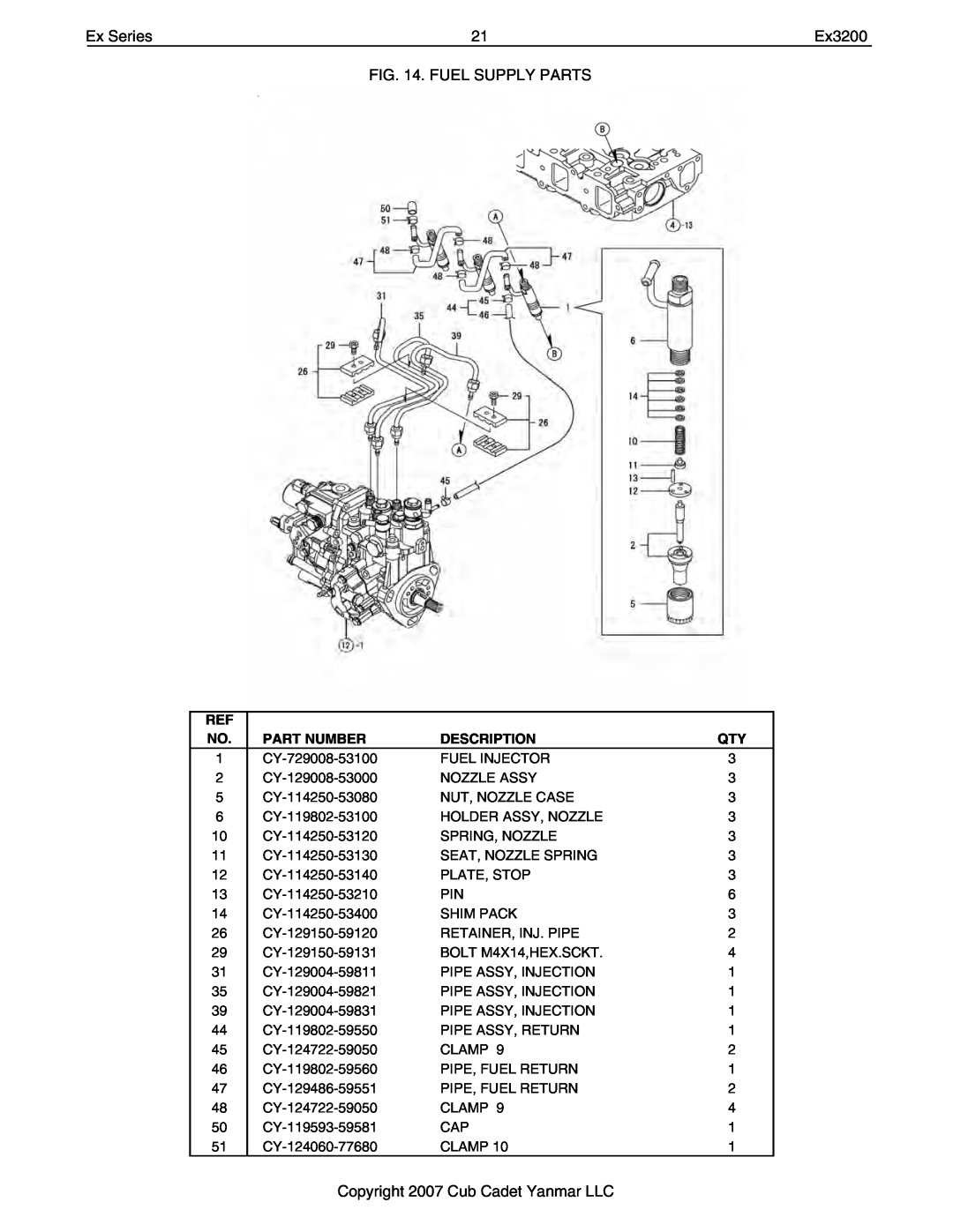 Cub Cadet Ex32002 manual Ex Series, Fuel Supply Parts, Copyright 2007 Cub Cadet Yanmar LLC, Part Number, Description 