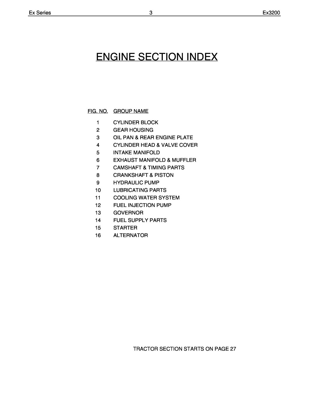 Cub Cadet Ex32002 manual Engine Section Index 
