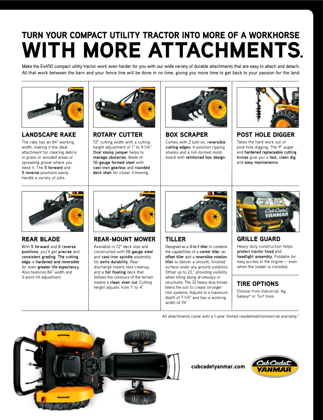 Cub Cadet EX450 warranty Landscape rake Rotary cutter Box scraper Post hole digger, Rear blade Rear-MOUNT Mower, Tiller 