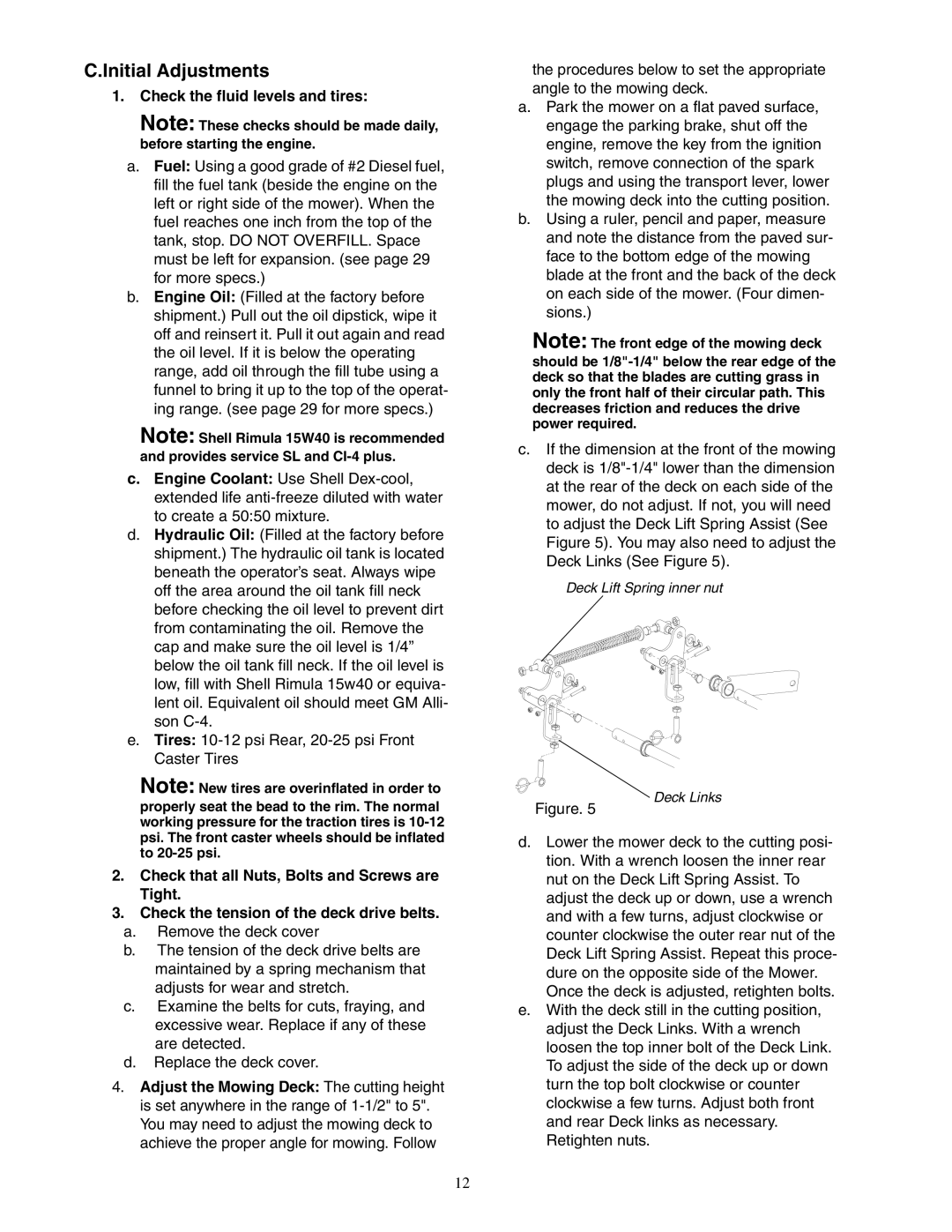 Cub Cadet Fabricated Deck InDirect Injection Diesel service manual Initial Adjustments, Check the fluid levels and tires 