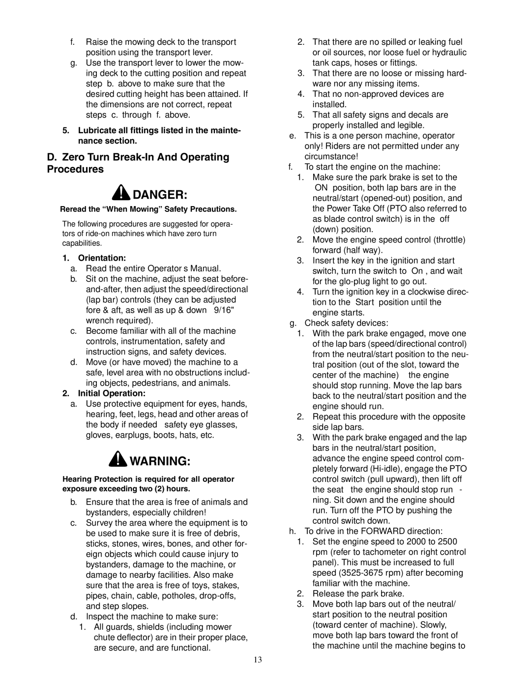 Cub Cadet Fabricated Deck InDirect Injection Diesel service manual Zero Turn Break-In And Operating Procedures, Orientation 