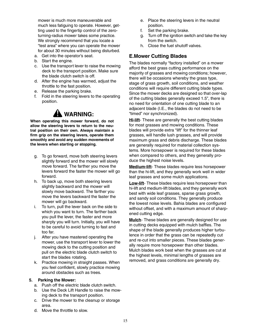 Cub Cadet Fabricated Deck InDirect Injection Diesel service manual Mower Cutting Blades, Parking the Mower 