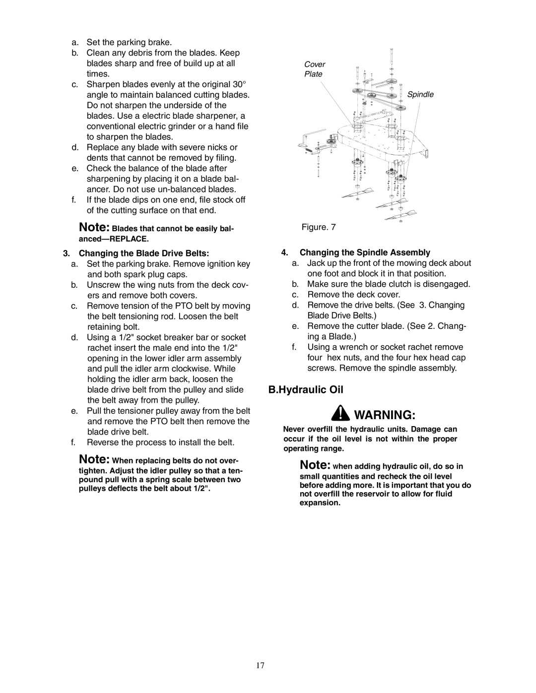 Cub Cadet Fabricated Deck InDirect Injection Diesel service manual Hydraulic Oil, Changing the Blade Drive Belts 