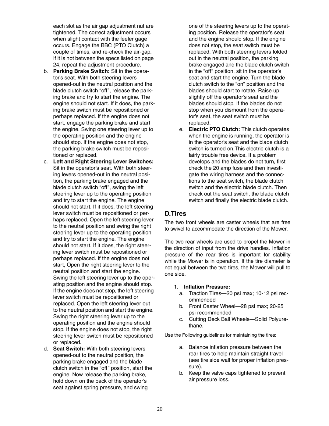 Cub Cadet Fabricated Deck InDirect Injection Diesel service manual Tires, Inflation Pressure 