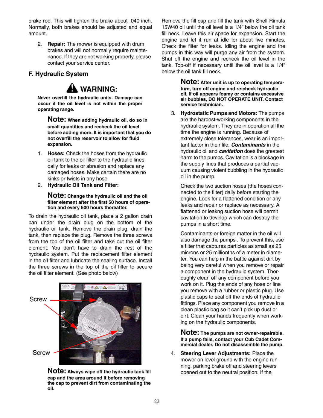 Cub Cadet Fabricated Deck InDirect Injection Diesel service manual Screw, Hydraulic Oil Tank and Filter 