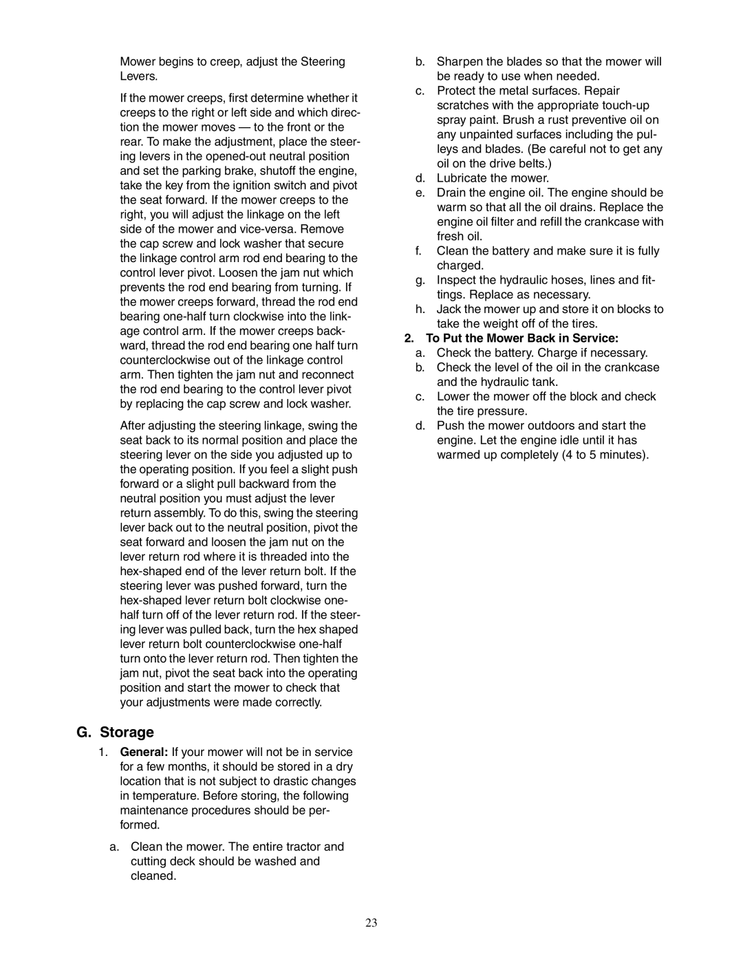 Cub Cadet Fabricated Deck InDirect Injection Diesel service manual Storage, To Put the Mower Back in Service 