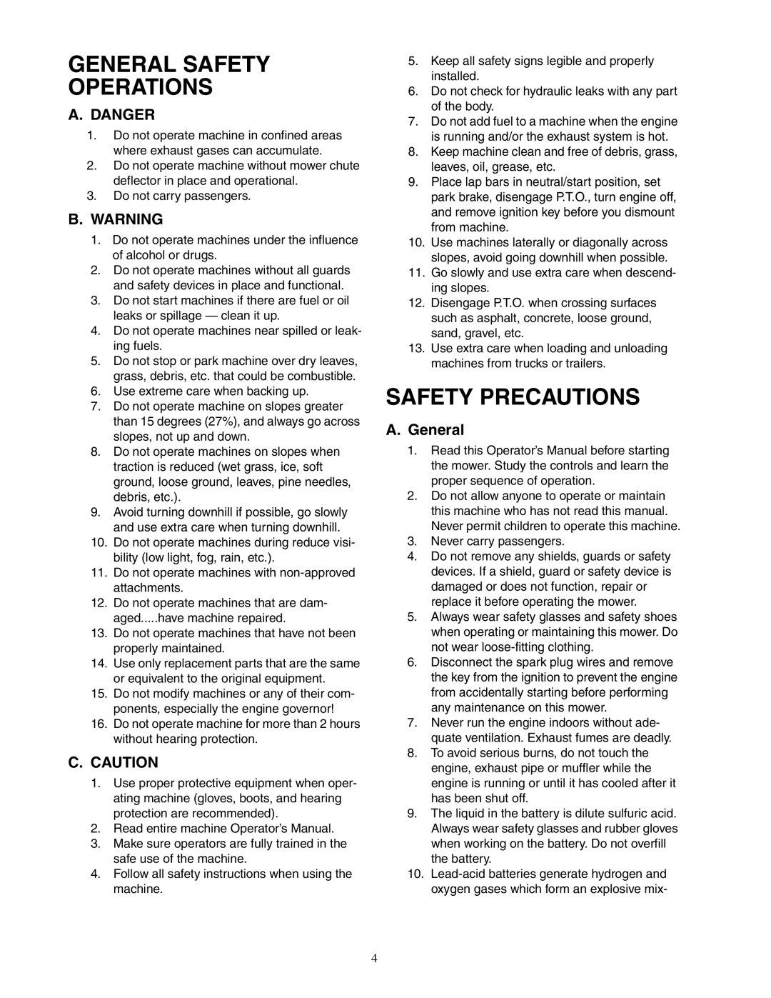 Cub Cadet Fabricated Deck InDirect Injection Diesel service manual General Safety Operations, Safety Precautions 