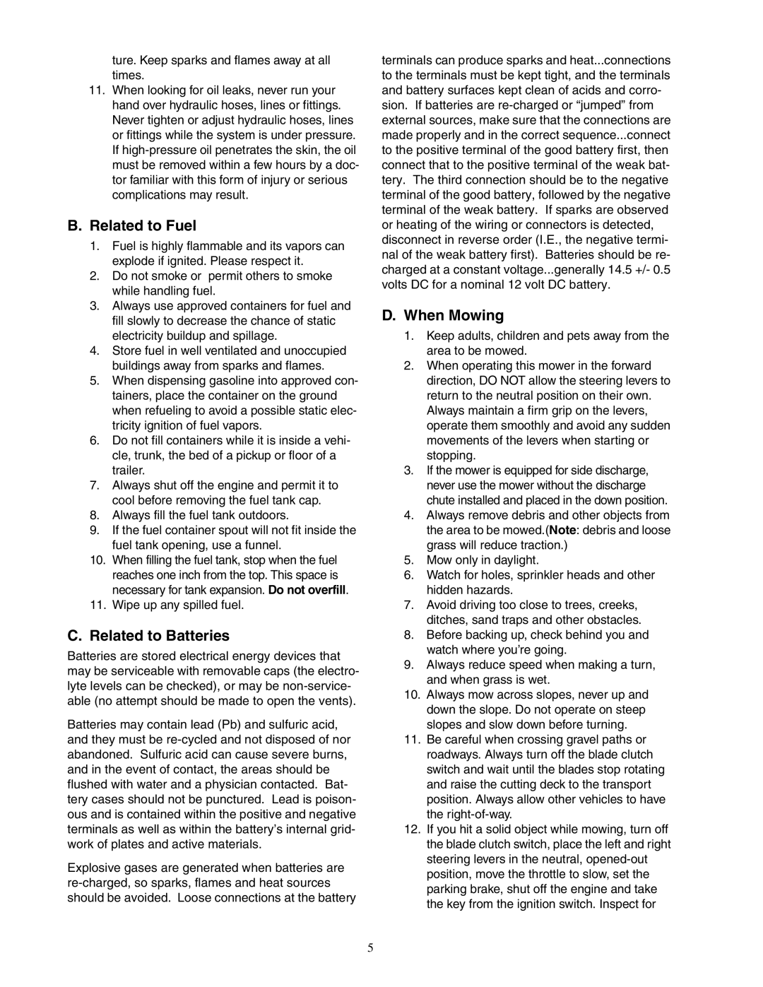 Cub Cadet Fabricated Deck InDirect Injection Diesel service manual Related to Fuel, Related to Batteries, When Mowing 