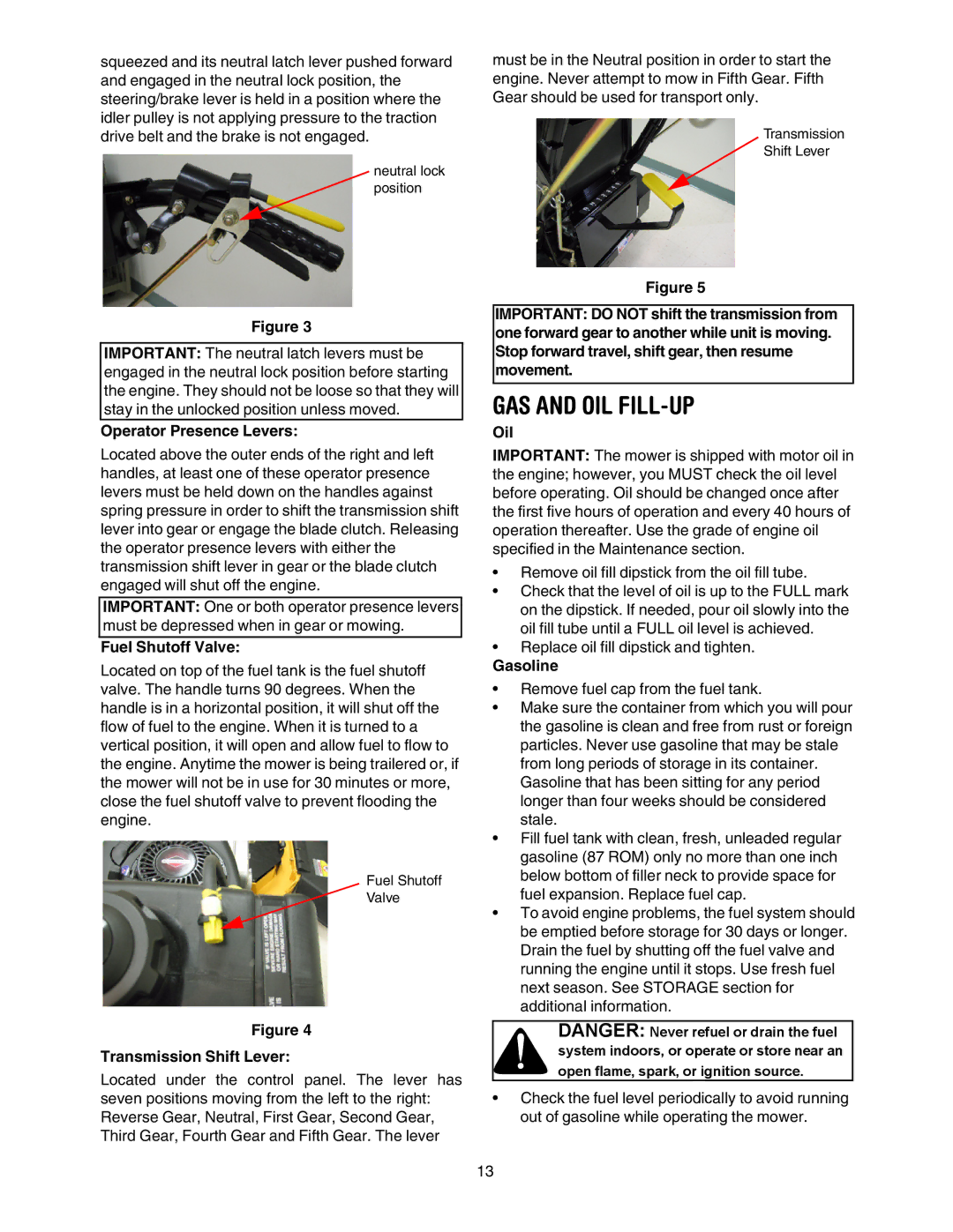 Cub Cadet G 1236 service manual GAS and OIL FILL-UP, Operator Presence Levers 