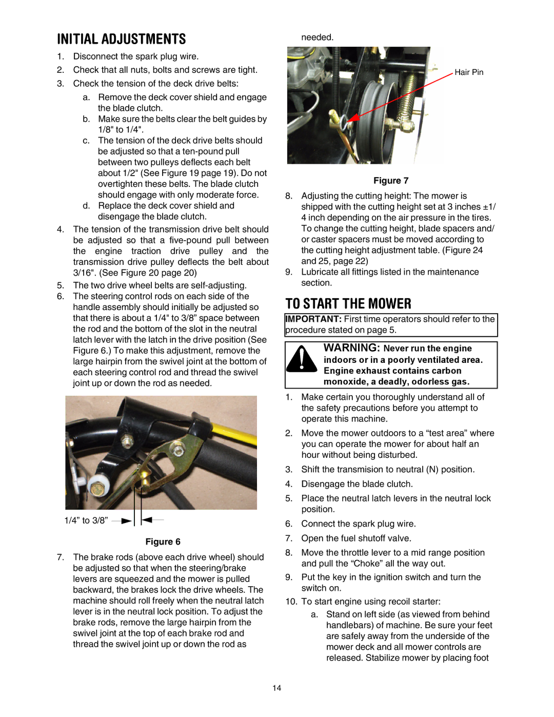 Cub Cadet G 1236 service manual Initial Adjustments, To Start the Mower 