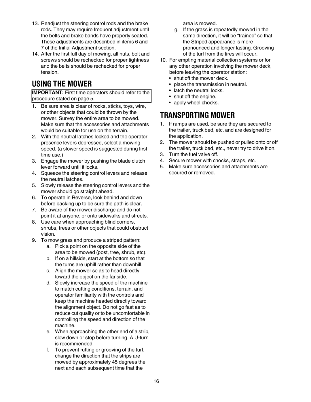 Cub Cadet G 1236 service manual Using the Mower, Transporting Mower 