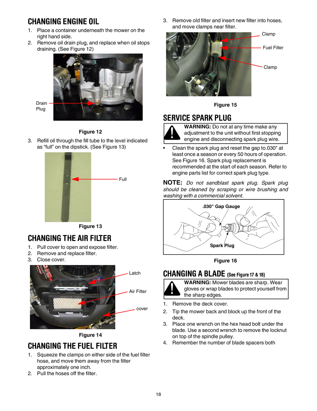 Cub Cadet G 1236 service manual Changing Engine OIL, Changing the AIR Filter, Changing the Fuel Filter, Service Spark Plug 