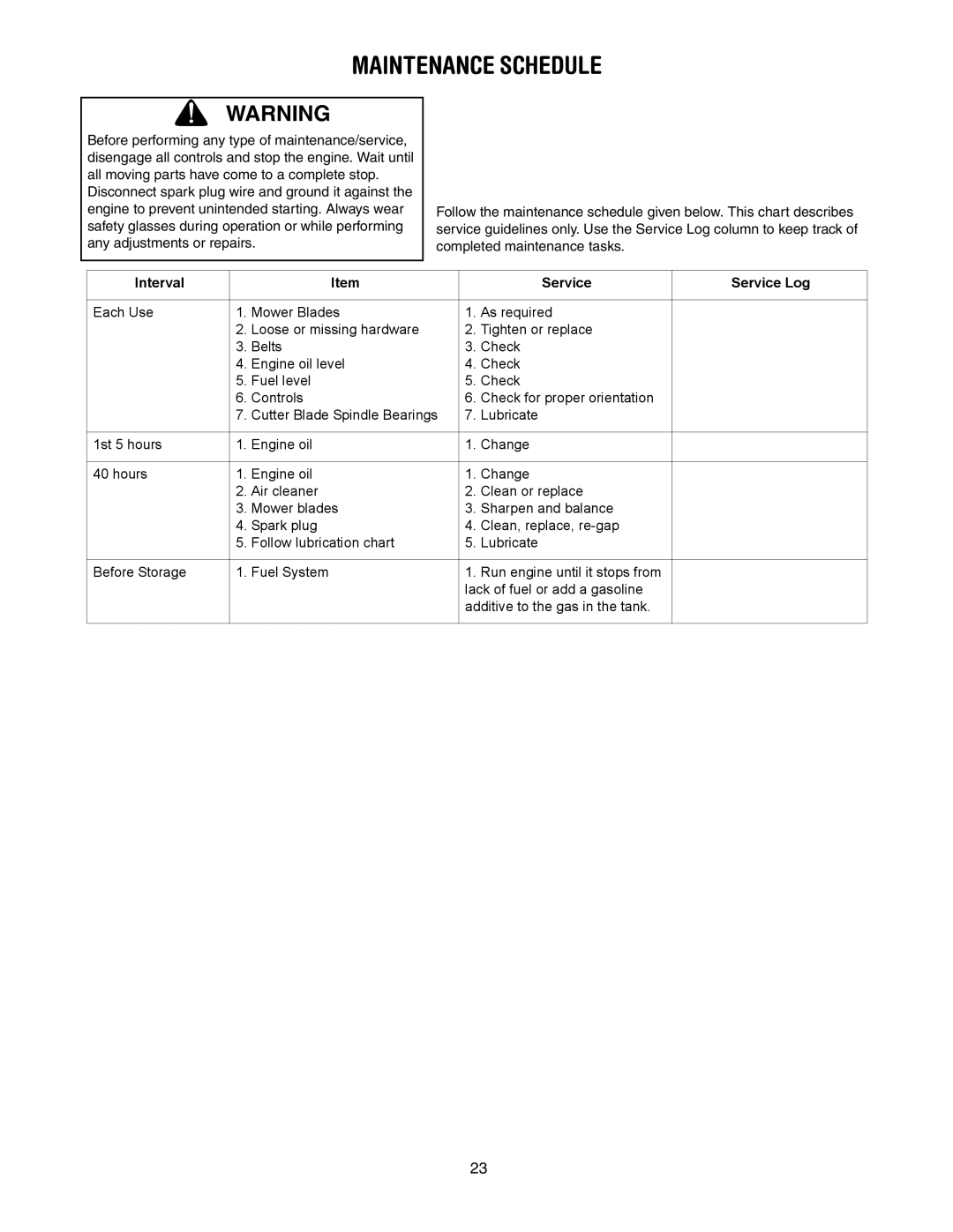 Cub Cadet G 1236 service manual Maintenance Schedule, Interval Service Service Log 