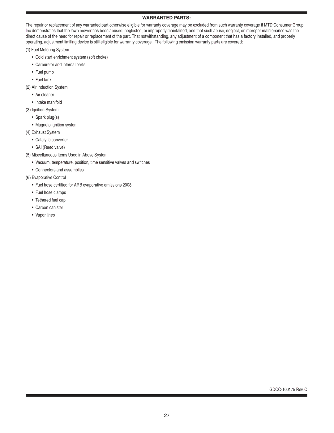 Cub Cadet G 1236 service manual Warranted Parts 