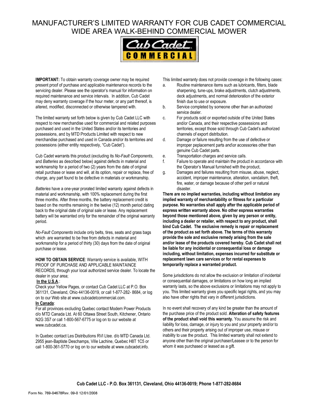 Cub Cadet G 1236 service manual U.S.A Canada 