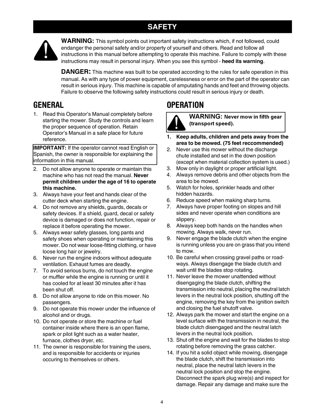 Cub Cadet G 1236 service manual General, Operation, Safety 