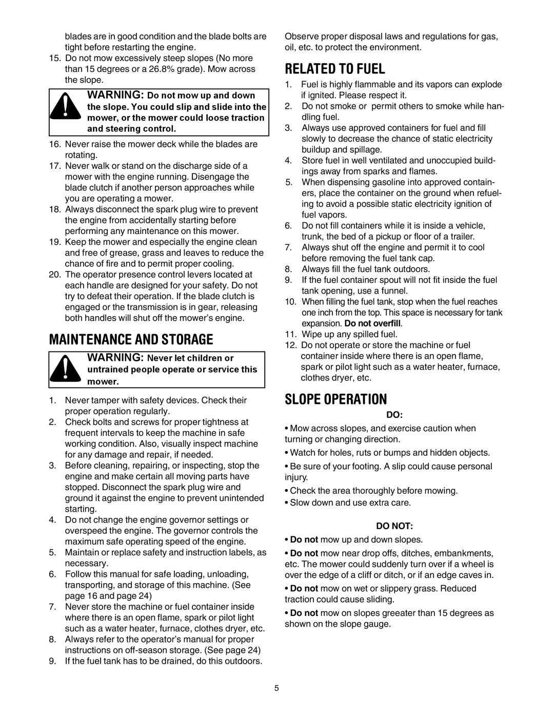 Cub Cadet G 1236 service manual Maintenance and Storage, Related to Fuel, Slope Operation 