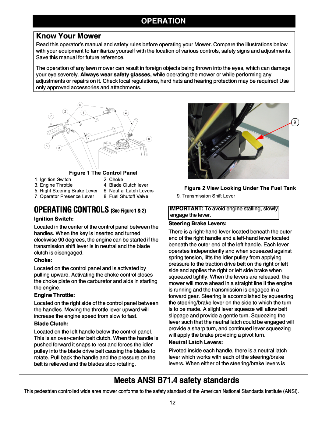 Cub Cadet G 1236 Operation, Know Your Mower, OPERATING CONTROLS See Figure, Meets ANSI B71.4 safety standards, Choke 