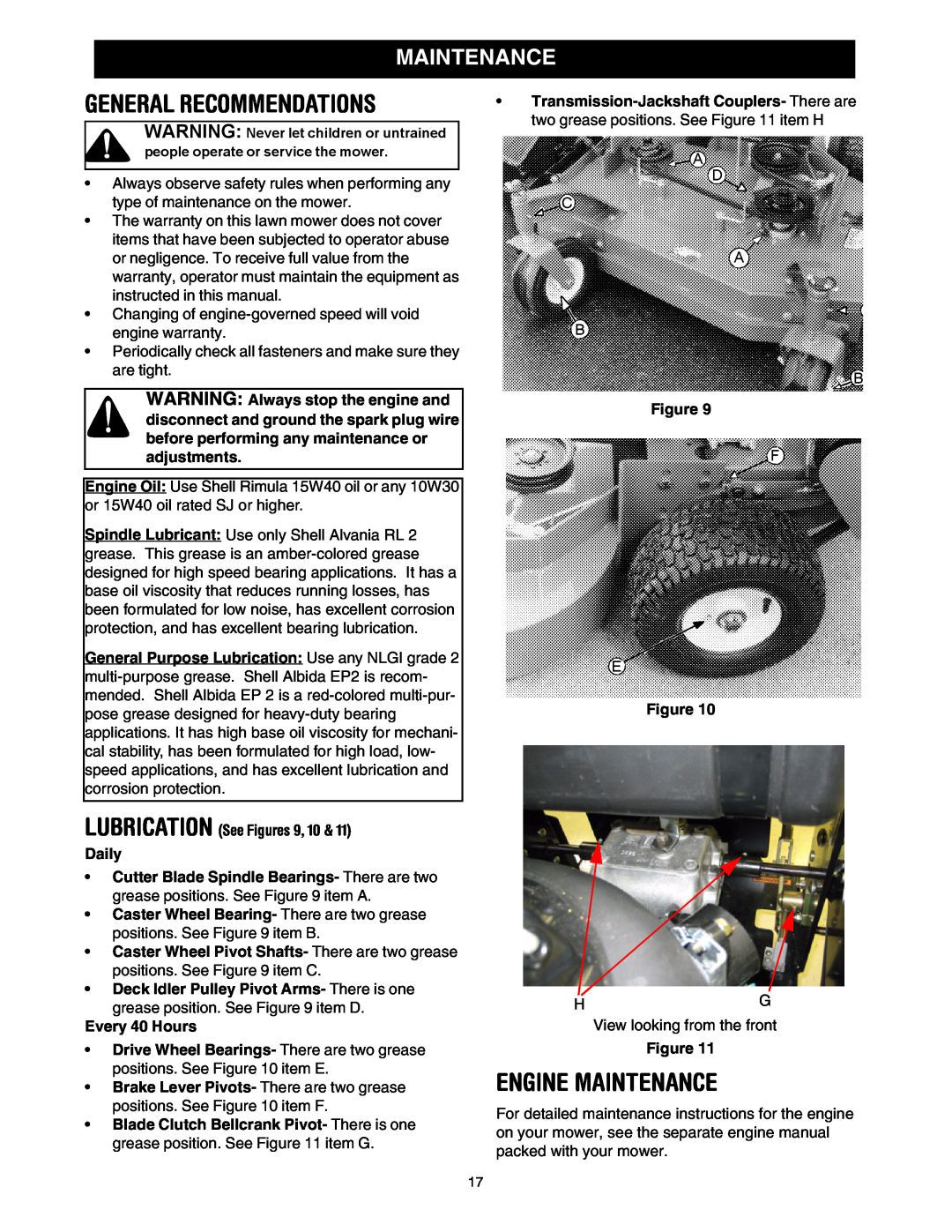 Cub Cadet G 1236 service manual General Recommendations, Engine Maintenance, Daily, Every 40 Hours 
