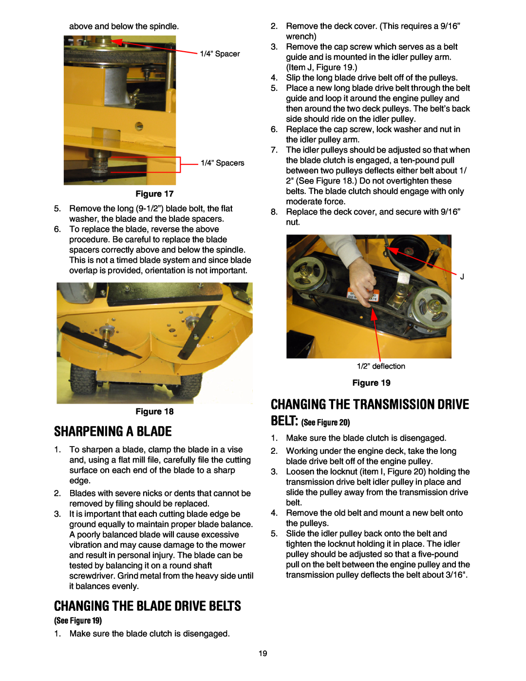 Cub Cadet G 1236 service manual Sharpening A Blade, Changing The Transmission Drive, Changing The Blade Drive Belts 