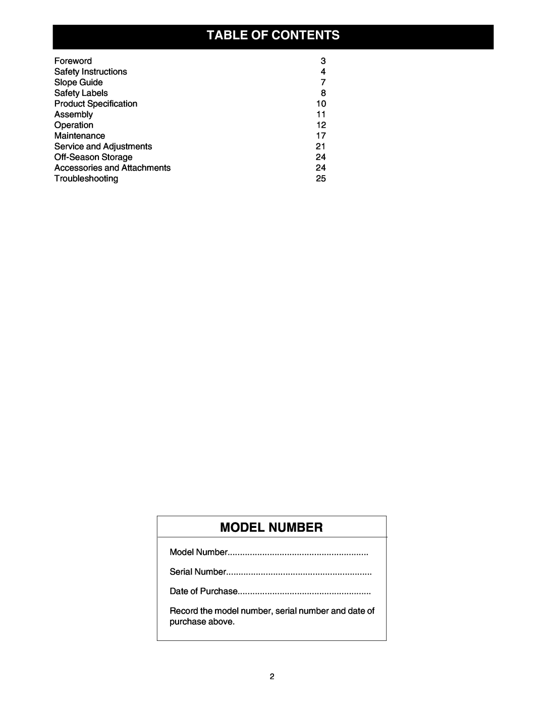 Cub Cadet G 1236 service manual Table Of Contents, Model Number 