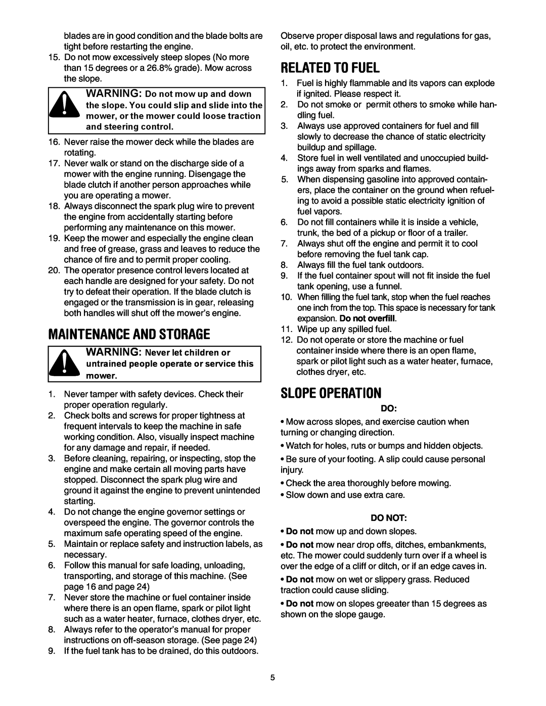 Cub Cadet G 1236 service manual Maintenance And Storage, Related To Fuel, Slope Operation, Do Not 