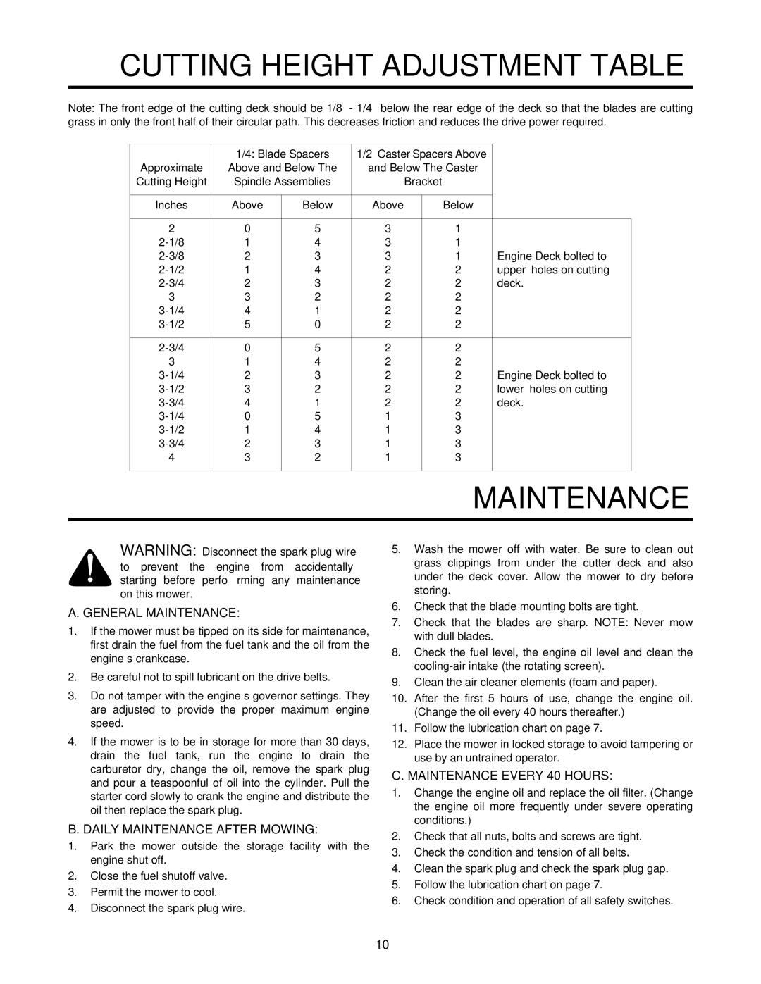 Cub Cadet G1332, G1336, G1548 Cutting Height Adjustment Table, General Maintenance, Daily Maintenance After Mowing 