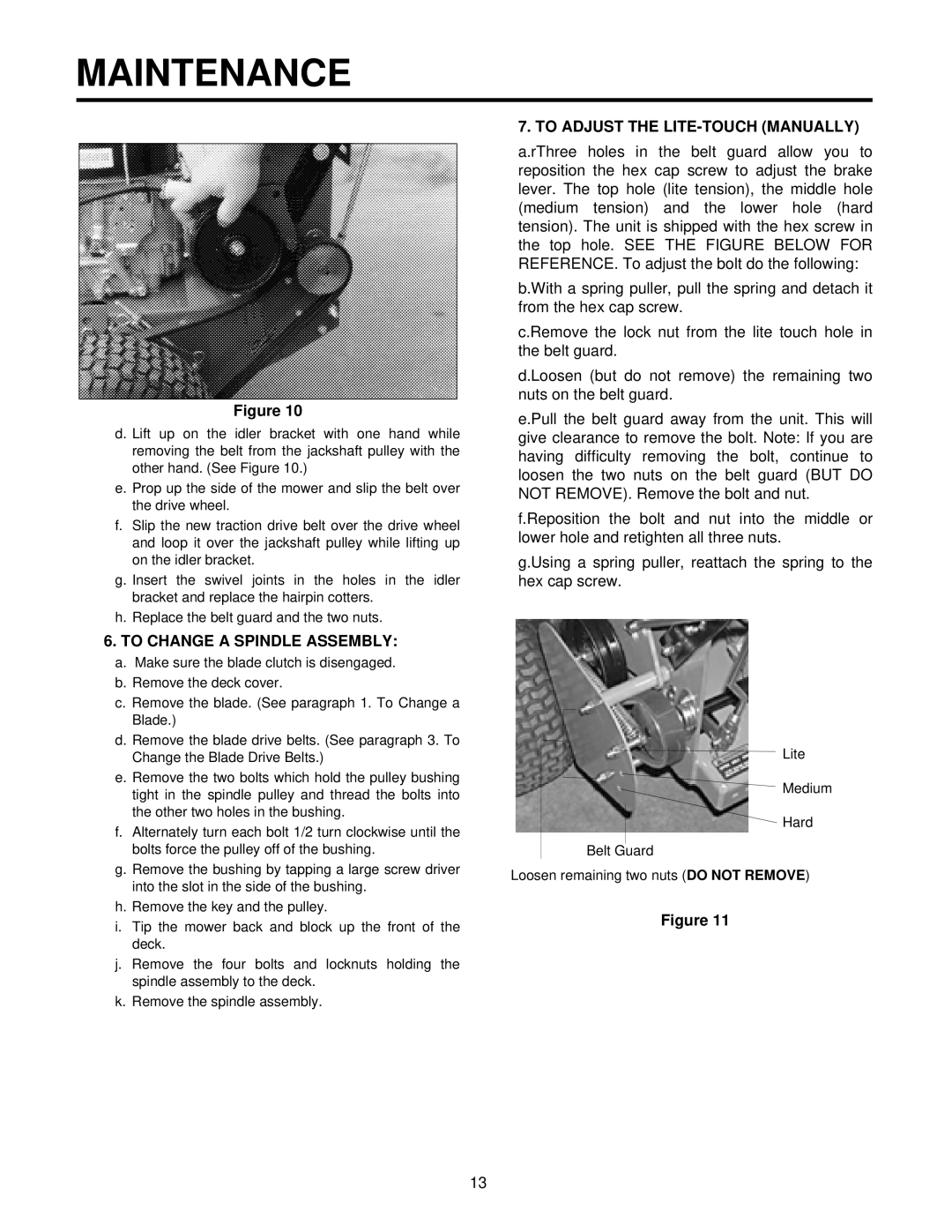 Cub Cadet G1332, G1336, G1548 service manual To Change a Spindle Assembly, To Adjust the LITE-TOUCH Manually 