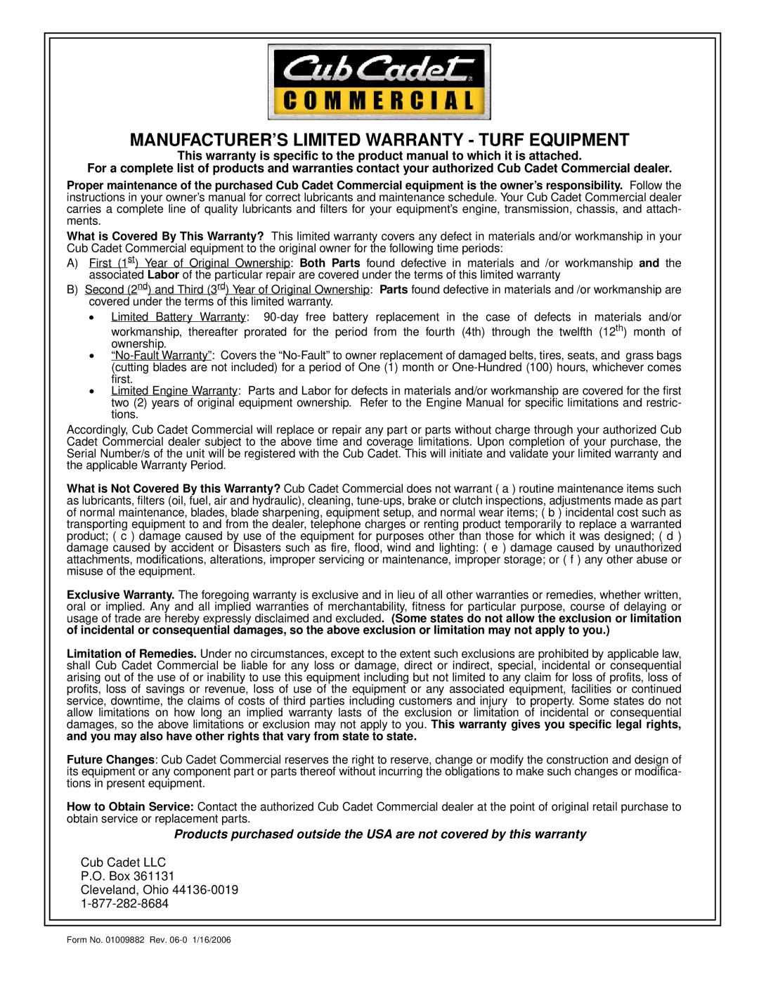 Cub Cadet G1548, G1336, G1332 service manual MANUFACTURER’S Limited Warranty Turf Equipment 