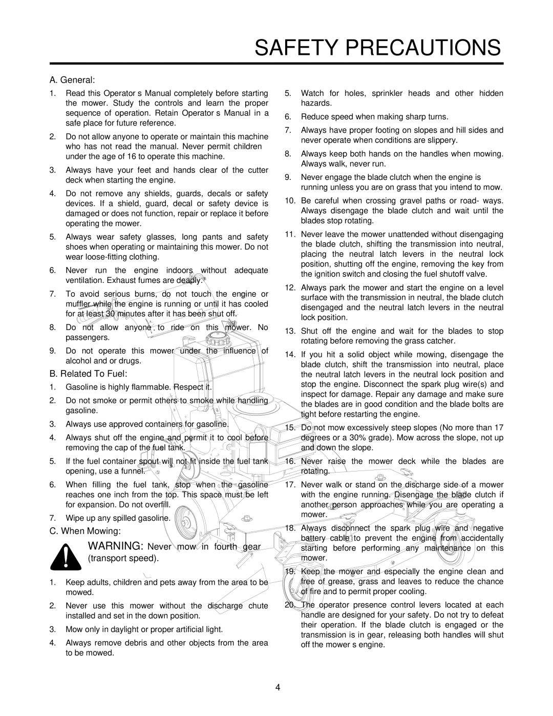 Cub Cadet G1332, G1336, G1548 service manual Safety Precautions, General, Related To Fuel, When Mowing 