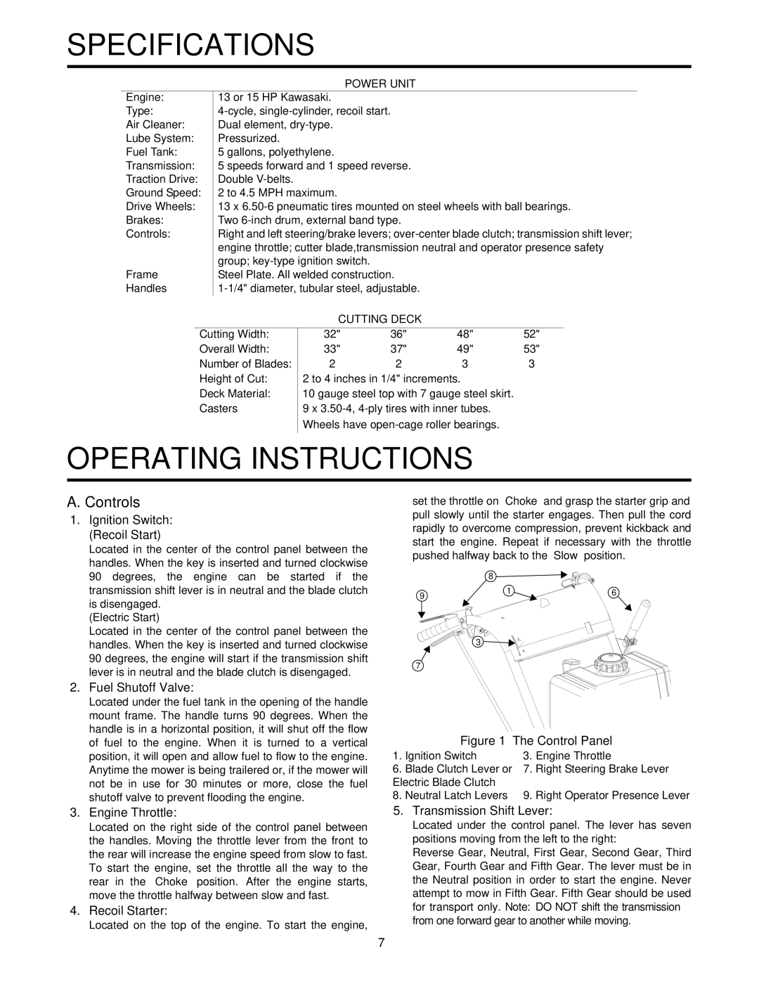 Cub Cadet G1332, G1336, G1548 service manual Specifications, Operating Instructions 