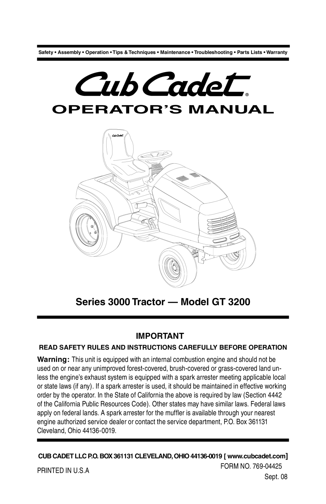 Cub Cadet GT 3200 warranty OPERATOR’S Manual, Series 3000 Tractor Model GT 