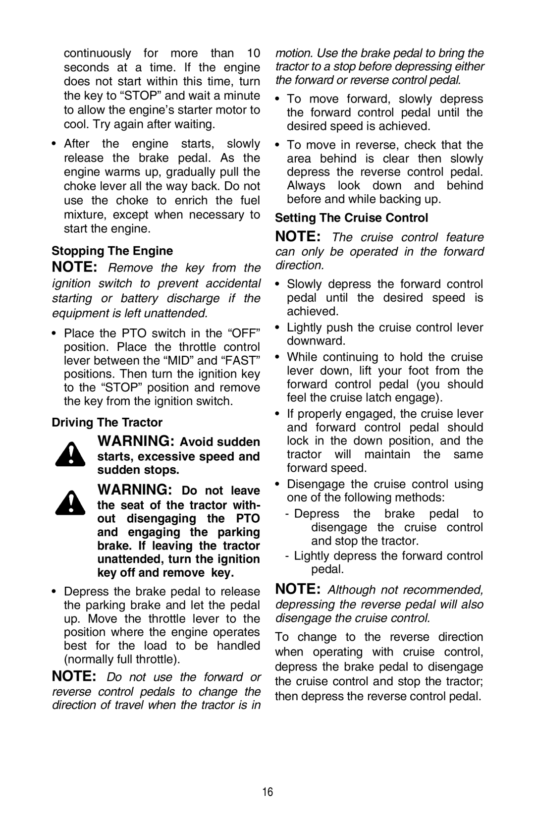 Cub Cadet GT 3200 warranty Stopping The Engine, Driving The Tractor, Setting The Cruise Control 