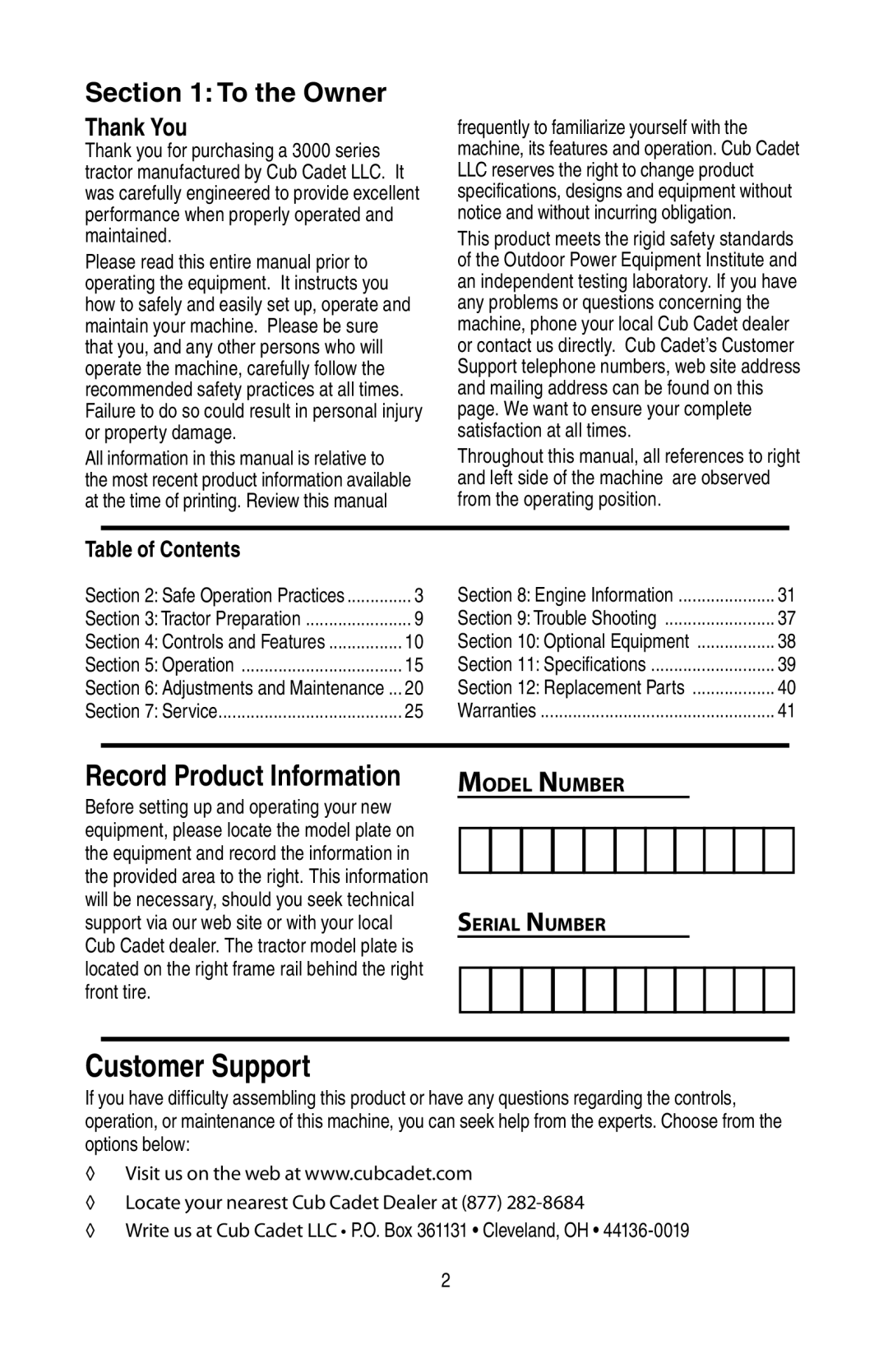 Cub Cadet GT 3200 warranty To the Owner, Table of Contents 