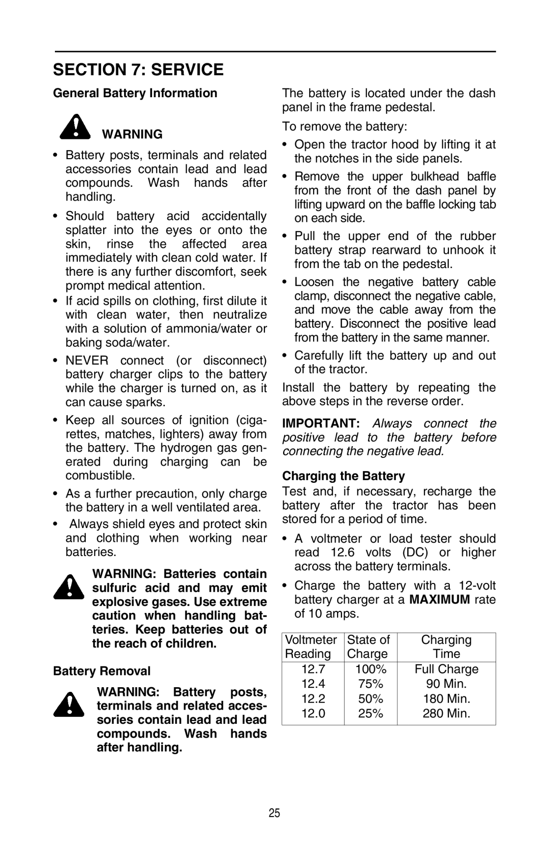 Cub Cadet GT 3200 warranty Service, General Battery Information, Battery Removal, Charging the Battery 