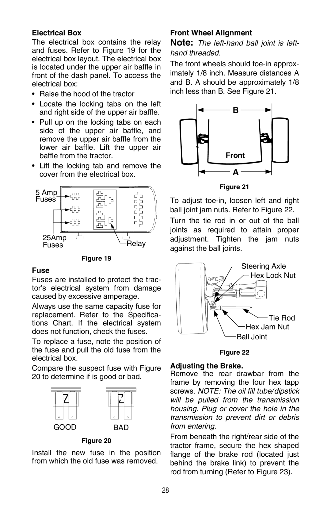 Cub Cadet GT 3200 warranty Electrical Box, Fuse, Front Wheel Alignment, Adjusting the Brake 