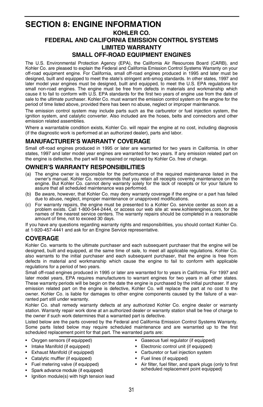 Cub Cadet GT 3200 warranty Engine Information, MANUFACTURER’S Warranty Coverage, OWNER’S Warranty Responsibilities 