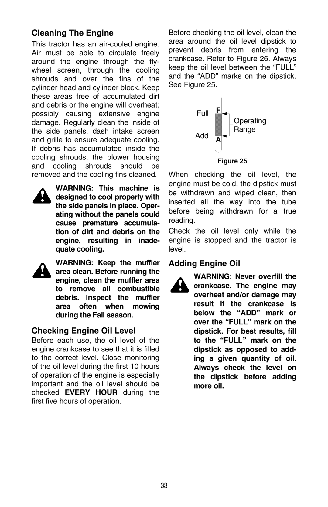 Cub Cadet GT 3200 warranty Cleaning The Engine, Checking Engine Oil Level, Adding Engine Oil 