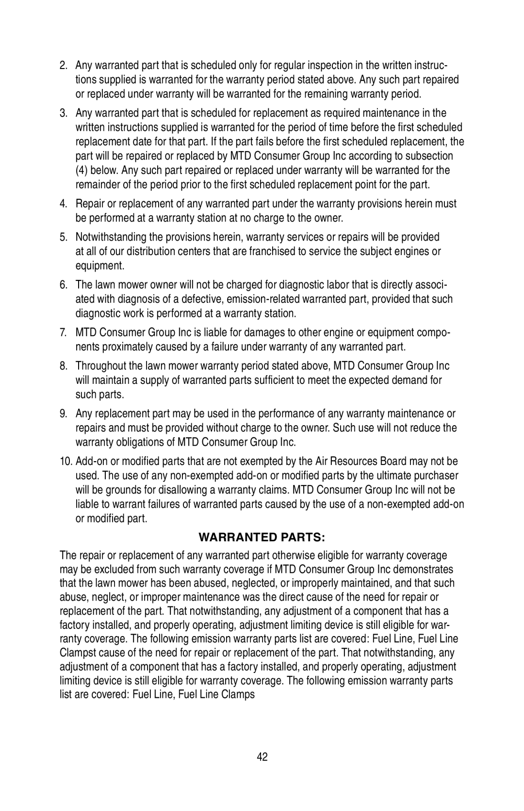 Cub Cadet GT 3200 warranty Warranted Parts 