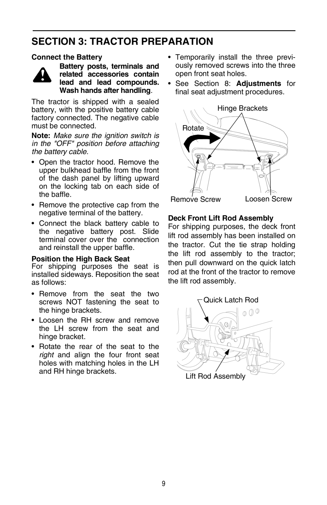 Cub Cadet GT 3200 warranty Tractor Preparation, Position the High Back Seat, Deck Front Lift Rod Assembly 