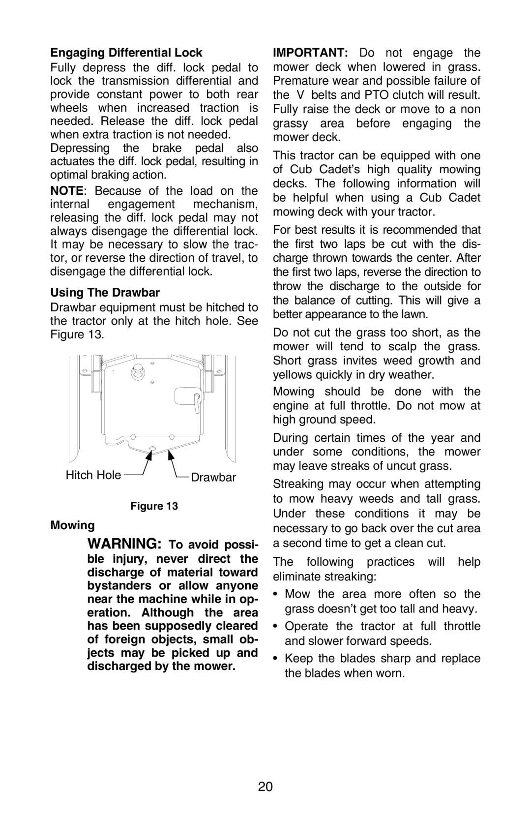 Cub Cadet GT 3200 manual Engaging Differential Lock, Using The Drawbar, Mowing 