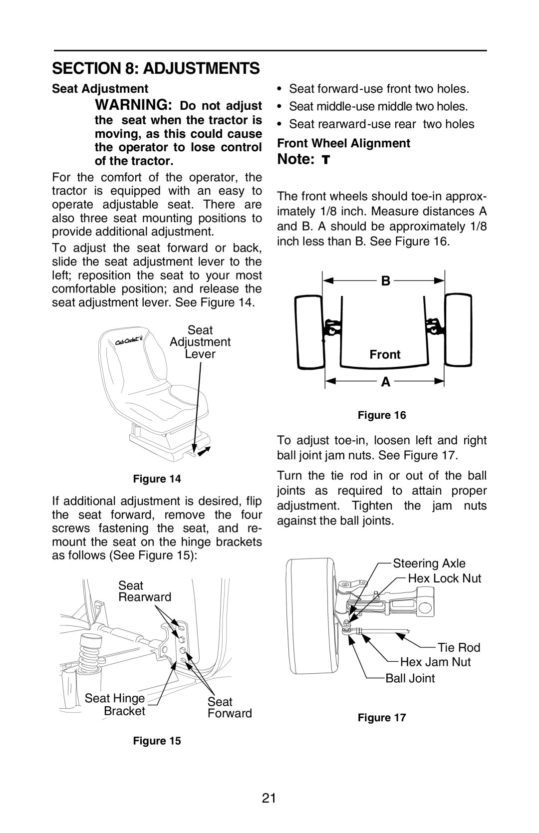 Cub Cadet GT 3200 manual Adjustments, Seat Adjustment, Front Wheel Alignment 