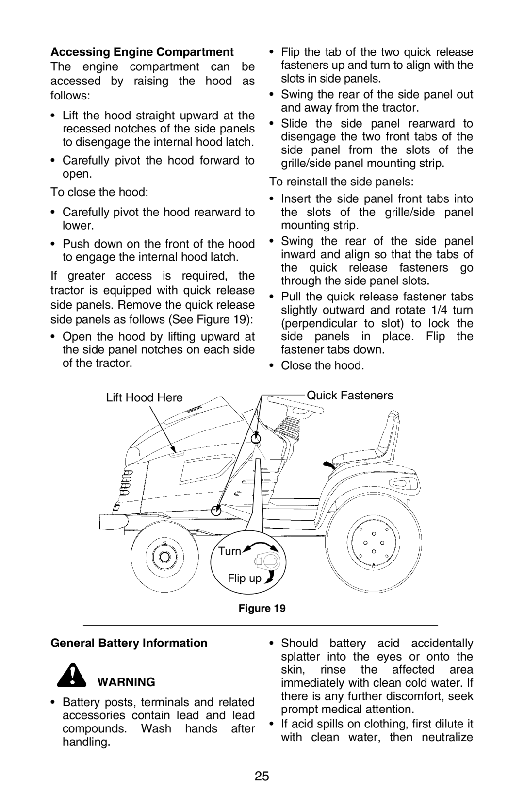 Cub Cadet GT 3200 manual Accessing Engine Compartment, General Battery Information 