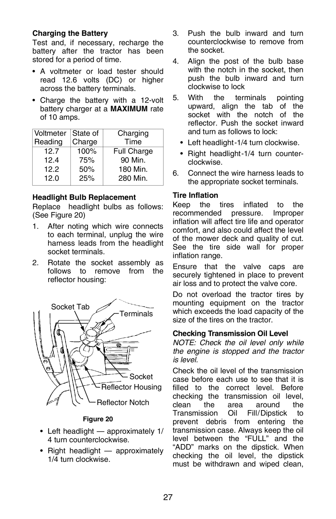 Cub Cadet GT 3200 manual Charging the Battery, Headlight Bulb Replacement, Tire Inflation, Checking Transmission Oil Level 