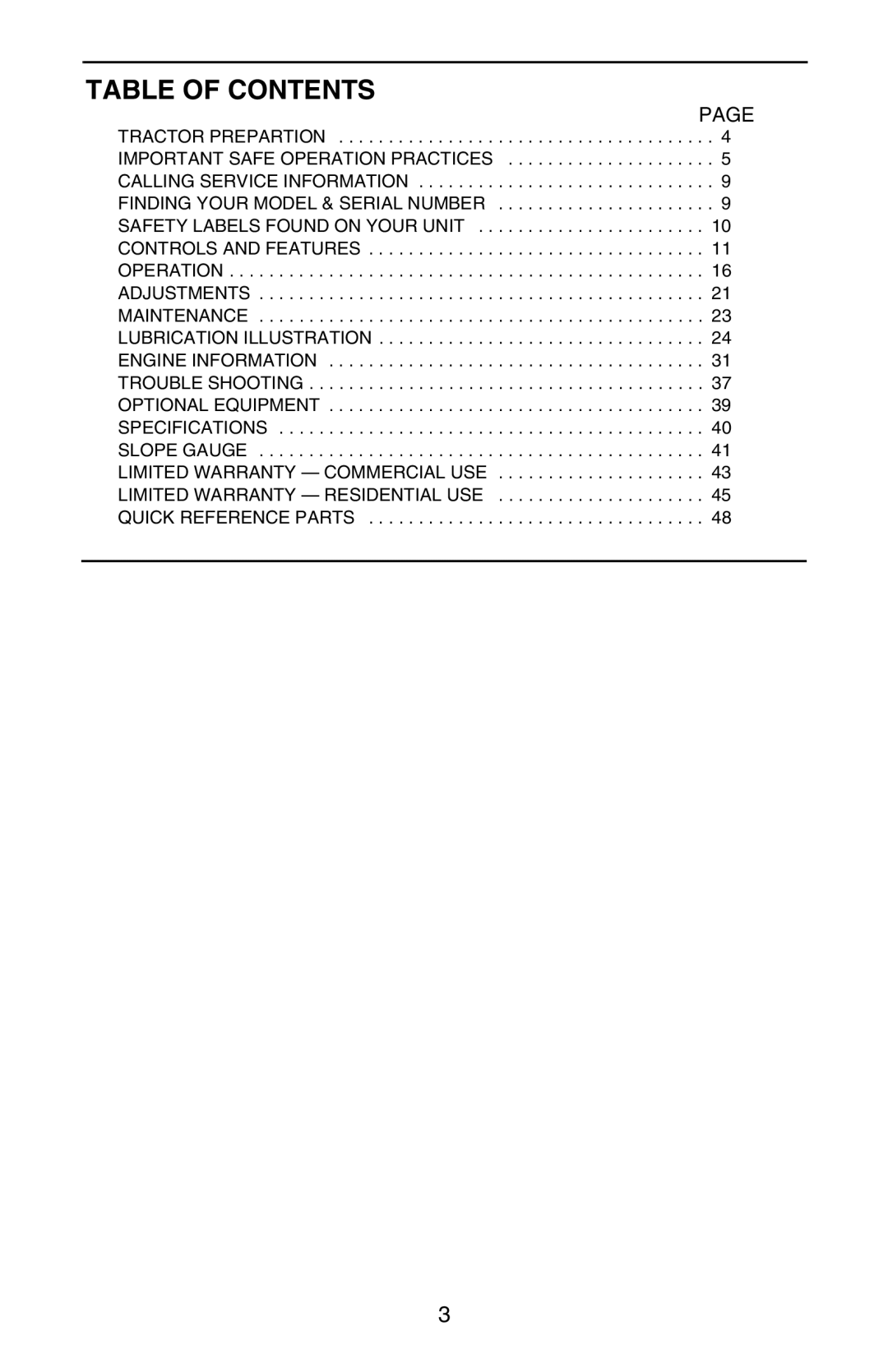 Cub Cadet GT 3200 manual Table of Contents 