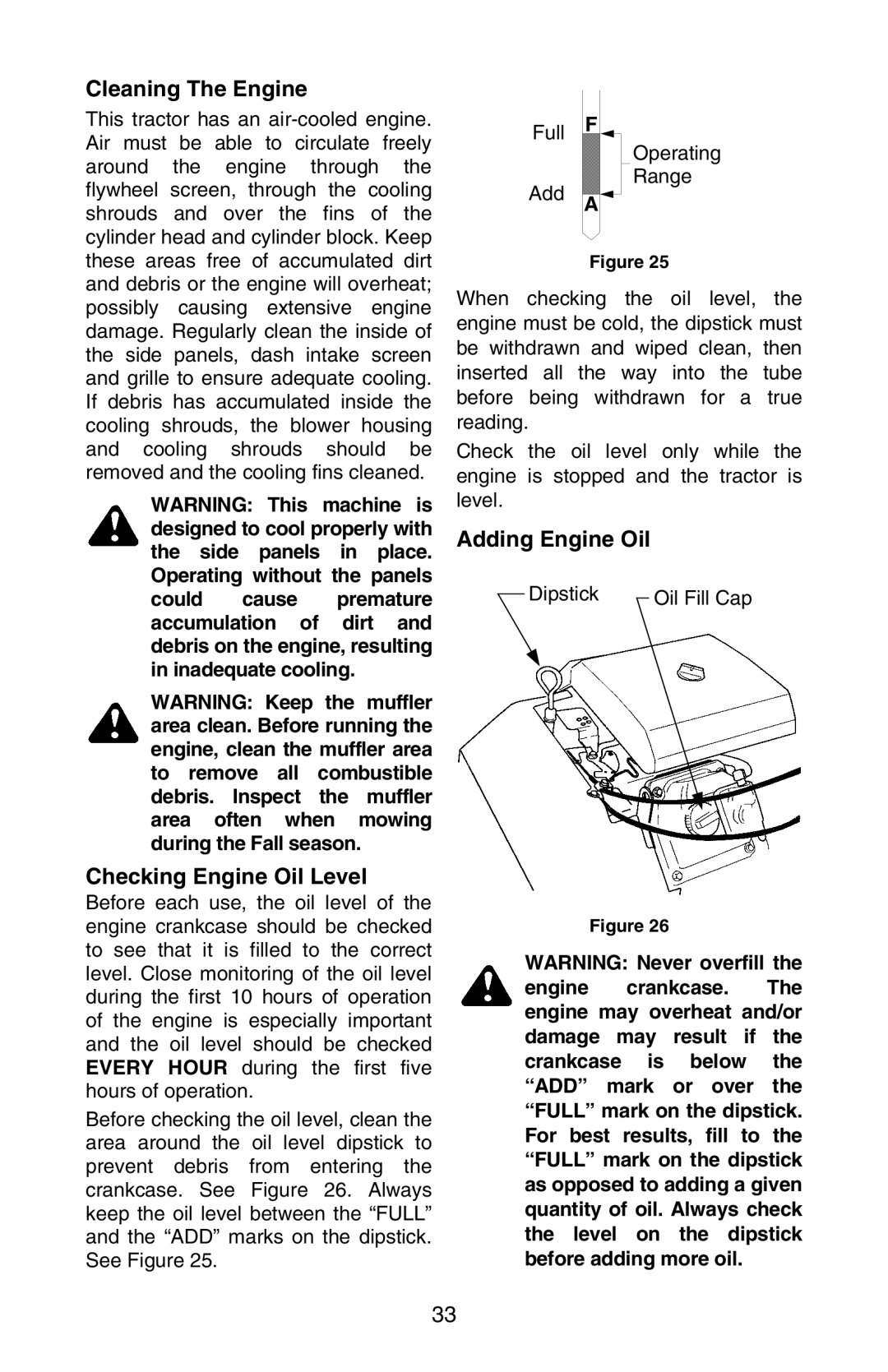 Cub Cadet GT 3200 manual Cleaning The Engine, Checking Engine Oil Level, Adding Engine Oil 