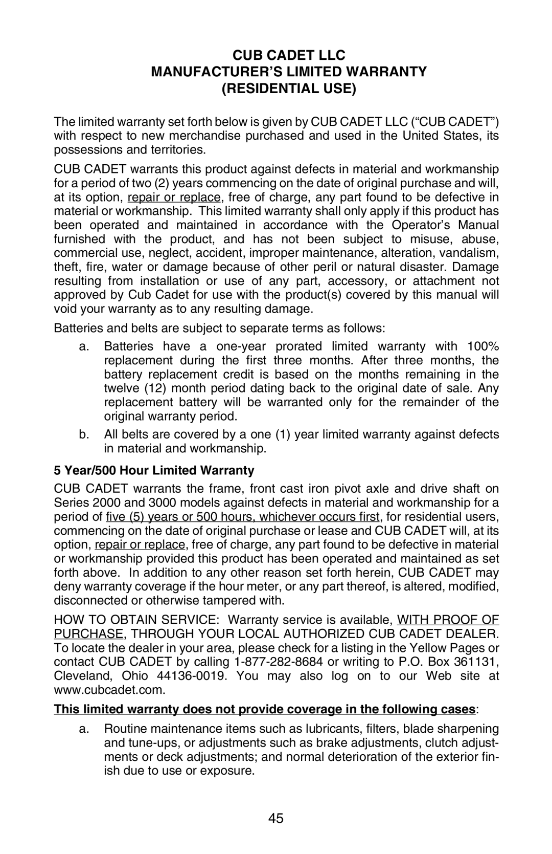 Cub Cadet GT 3200 manual Year/500 Hour Limited Warranty 